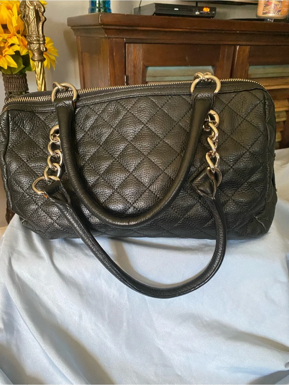 Calvin Klein Black Quilted Shoulder Bag with silver Chain Handles